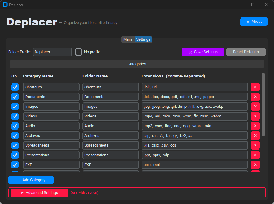 Deplacer Settings tab screenshot