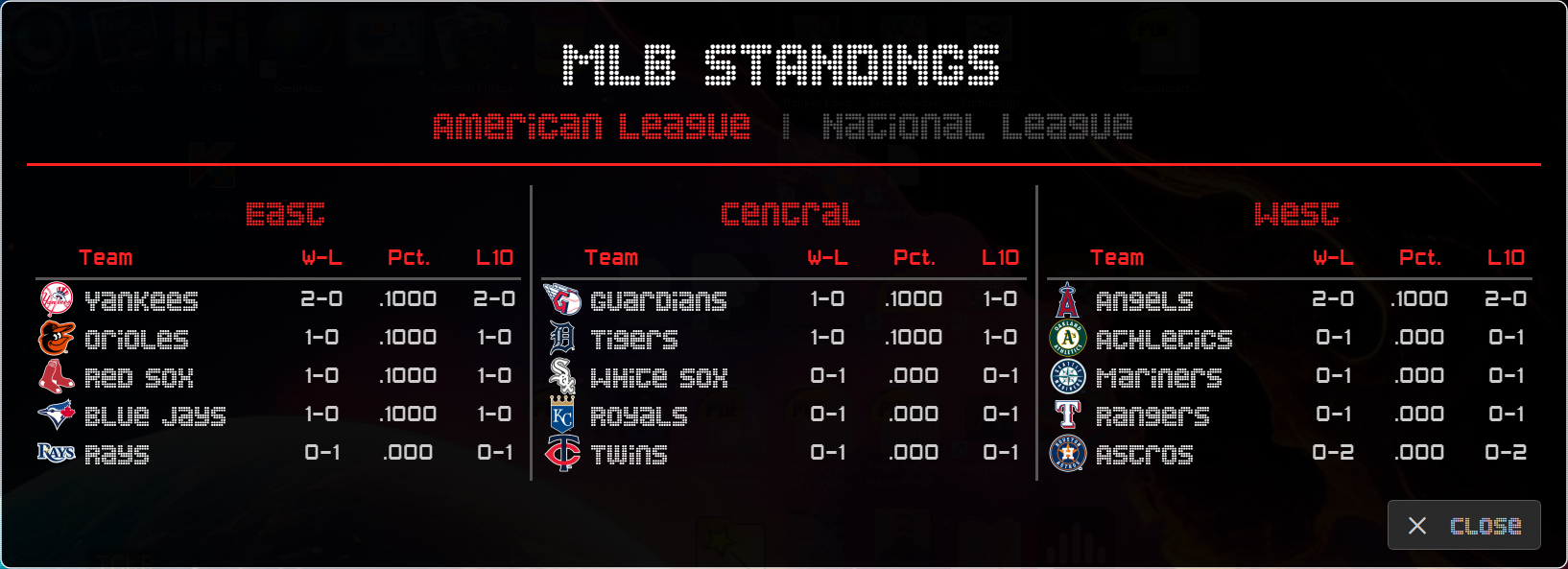 MLB-TCKR Standings Window