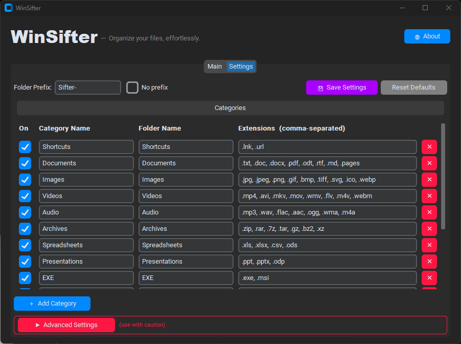WinSifter Settings tab screenshot